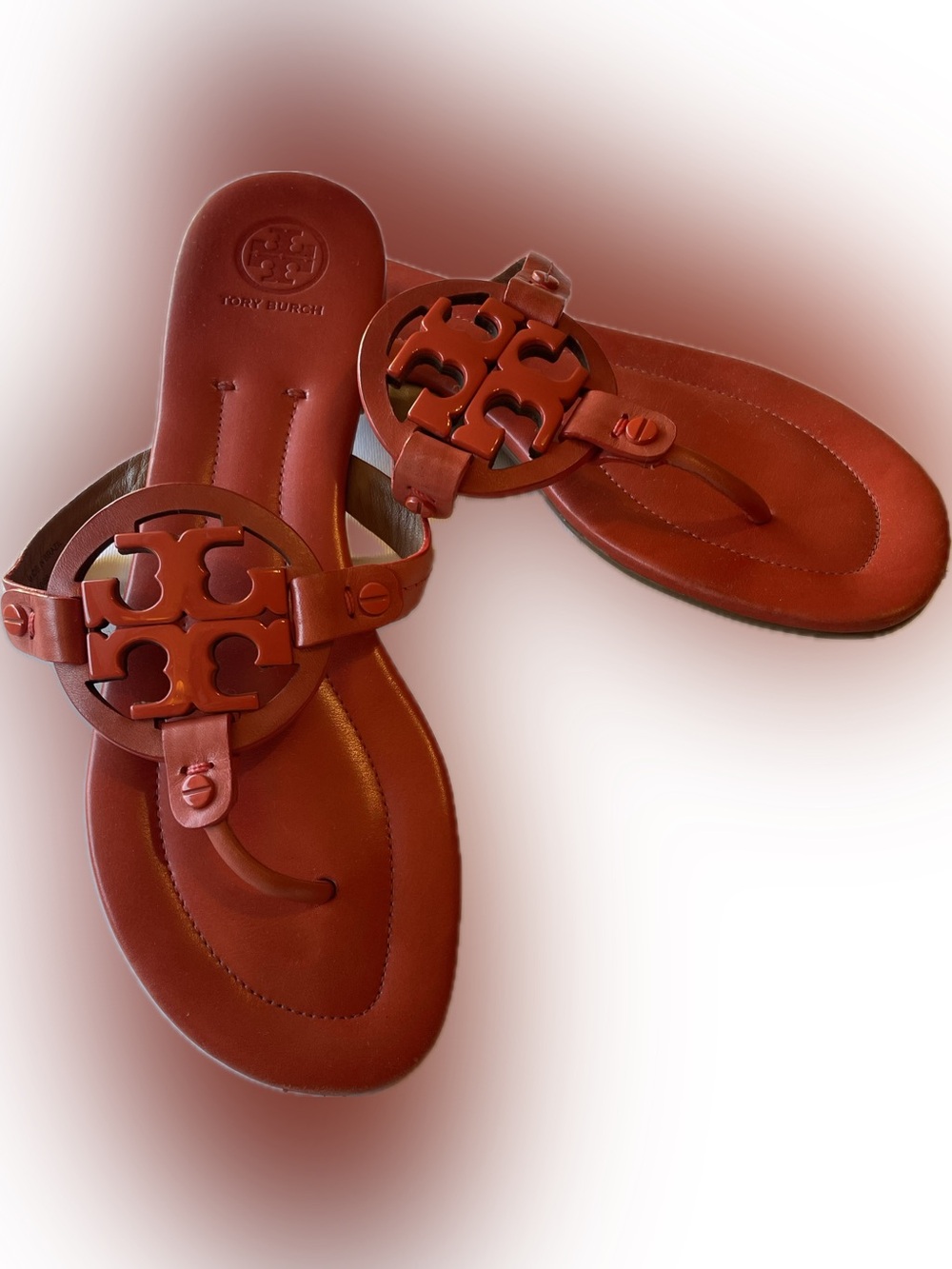 Tory Burch Women's Leather Miller Thong Sandals in Orange Coral Metal Logo